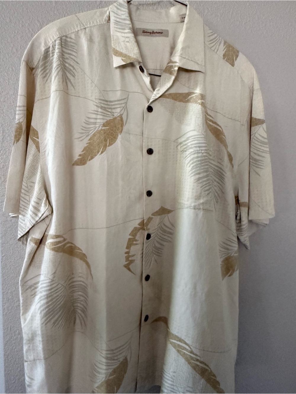 Tommy Bahama Cream & Tan Feather-Print Short-Sleeve Button-Down 2XL Silk